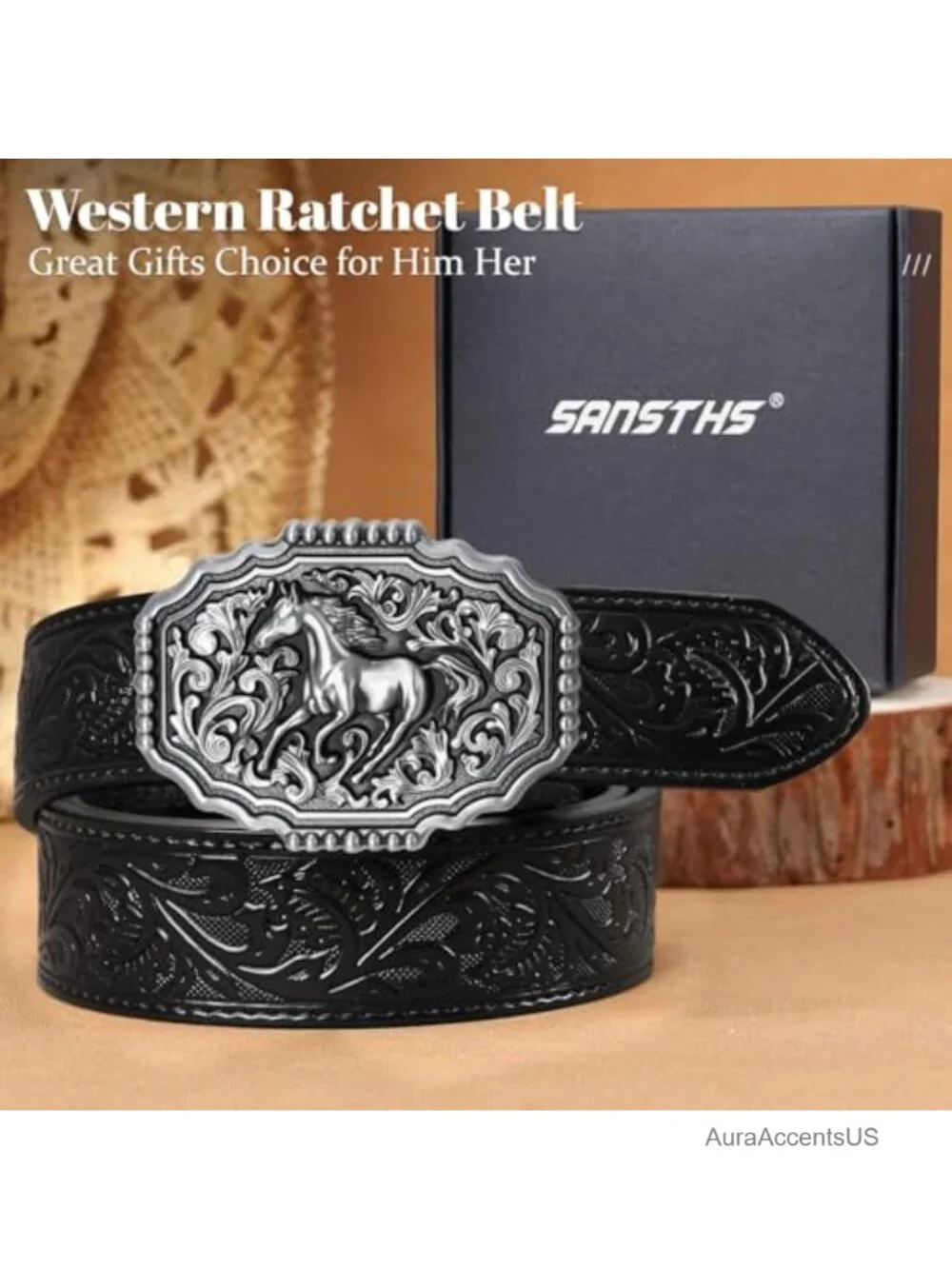 Western Cowboy Ratchet Belt for Men Women Leather Embossed 1.5